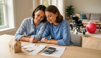 Parents at a kitchen table with a small house model, calculator, and receipts, with a child’s wheelchair and therapy ball softly blurred in the background.