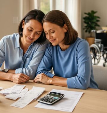 Parents at a kitchen table with a small house model, calculator, and receipts, with a child’s wheelchair and therapy ball softly blurred in the background.