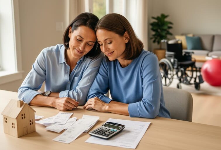 Parents at a kitchen table with a small house model, calculator, and receipts, with a child’s wheelchair and therapy ball softly blurred in the background.