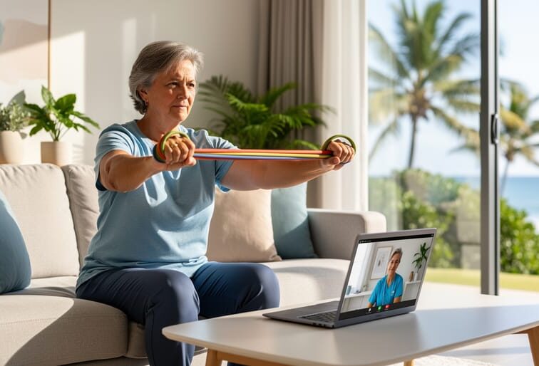 Middle-aged patient in a bright coastal Mackay living room performing resistance-band exercises while consulting a physiotherapist via laptop video call; therapist visible on screen with no on-screen text, airy decor and palms softly blurred in background.