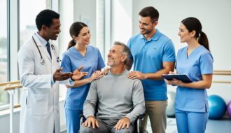 Diverse healthcare team—physician, nurse, physical therapist, occupational therapist, and speech-language pathologist—gathers around a seated rehabilitation patient in a sunlit clinic, collaborating with a supportive, professional demeanor; blurred parallel bars and therapy balls in the background.