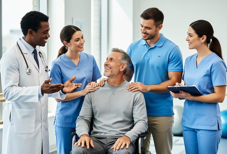 Diverse healthcare team—physician, nurse, physical therapist, occupational therapist, and speech-language pathologist—gathers around a seated rehabilitation patient in a sunlit clinic, collaborating with a supportive, professional demeanor; blurred parallel bars and therapy balls in the background.
