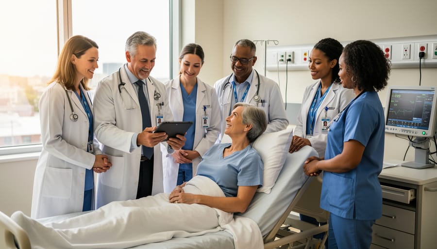 Diverse group of rehabilitation healthcare professionals standing together in modern clinic