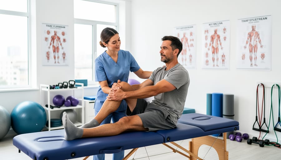 Physiotherapist assisting patient with rehabilitation exercise in therapy gym