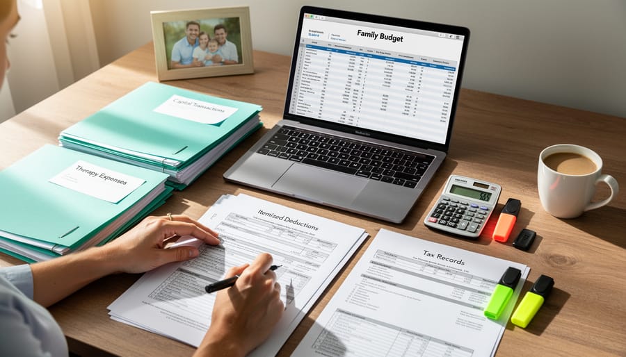Organized home office workspace with medical expense documentation and financial records