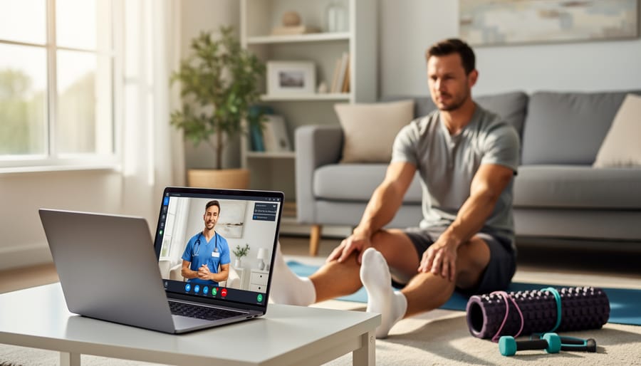 Woman doing physiotherapy exercises at home following virtual therapist guidance on tablet