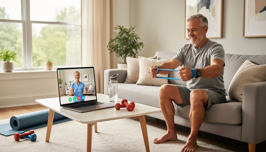 Patient participating in virtual rehabilitation therapy session on laptop at home