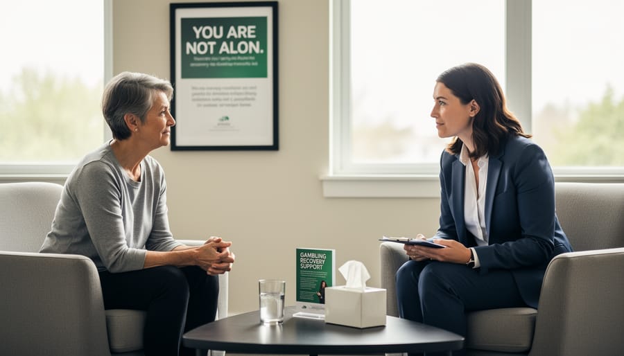 Therapist and client seated across from each other in a counseling office during support sessions