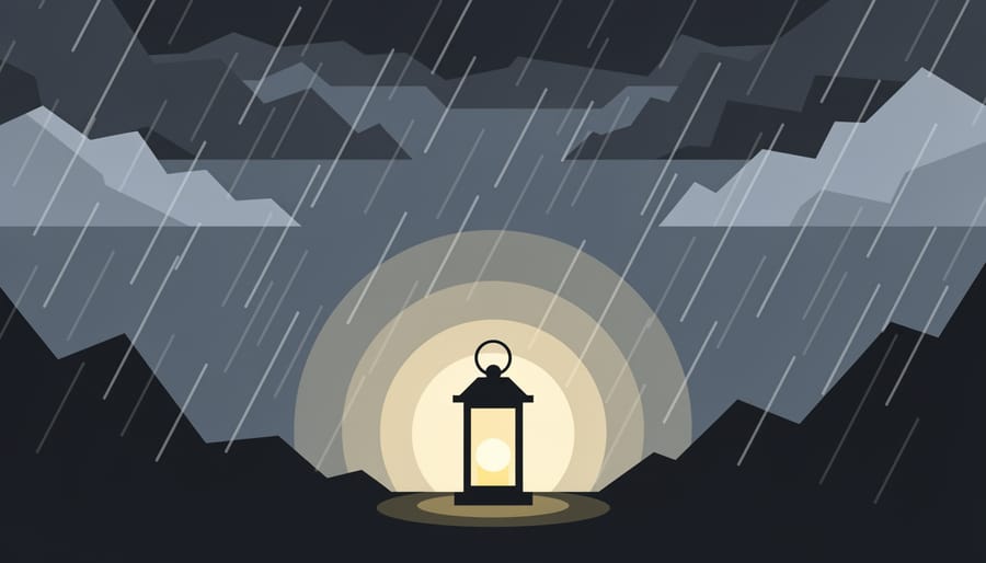 Warm lantern light on a table with stormy clouds and rain visible through a window in the background