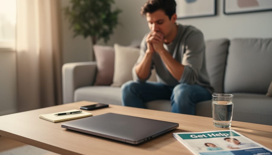 Person seated with a closed laptop and phone face-down, signaling a pause away from online gambling urges