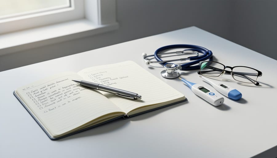 Open blank notebook and stethoscope on a desk next to a glass of water in a clinical setting