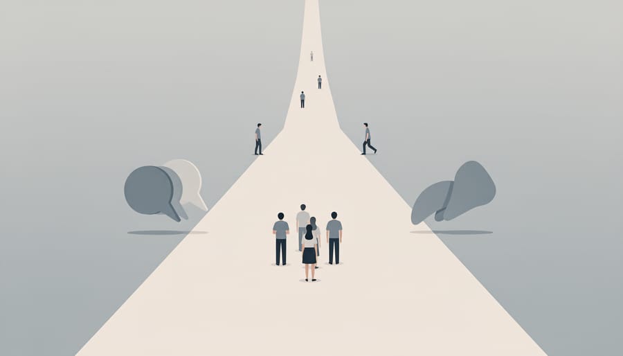 An adult walking down a hallway toward a brighter doorway, with a constrained and cautious mood