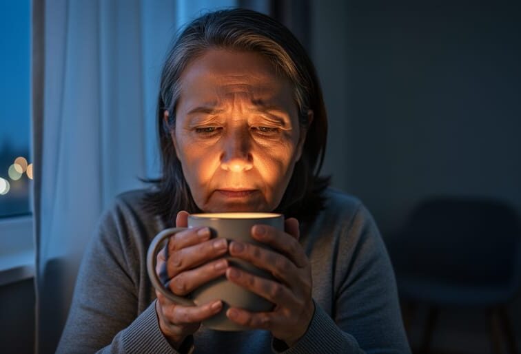 An adult sitting by a window at night holding a mug, looking worried and contemplative in a dim, quiet room.