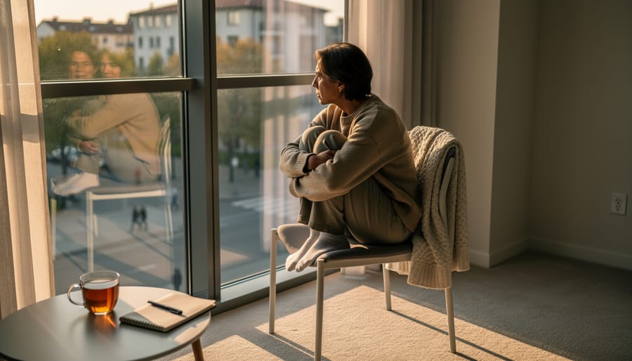 An adult sitting by a window holding a mug, looking worried and contemplative in a dim room