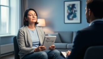A person sitting in a modern counseling room holding a notebook, representing rehabilitation support and recovery from online gambling addiction.