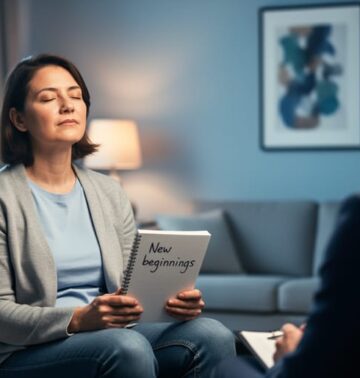 A person sitting in a modern counseling room holding a notebook, representing rehabilitation support and recovery from online gambling addiction.