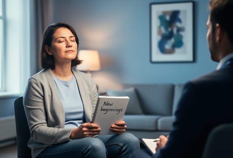 A person sitting in a modern counseling room holding a notebook, representing rehabilitation support and recovery from online gambling addiction.