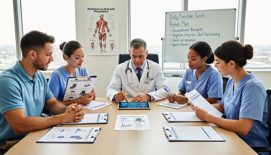 A physiatrist and rehabilitation clinician discuss a patient’s rehabilitation plan in a clinic treatment area