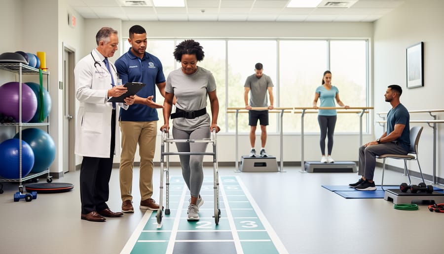Adult patient practicing walking support with parallel bars while a therapist assists during rehabilitation
