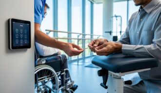 Occupational therapist assisting a wheelchair user with assistive technology and a smart home control setup in a rehabilitation room, with adaptive dressing tools nearby.
