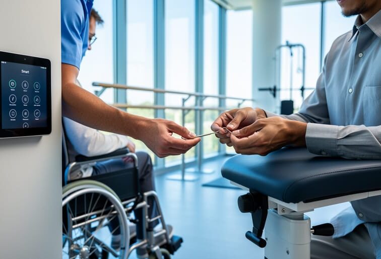 Occupational therapist assisting a wheelchair user with assistive technology and a smart home control setup in a rehabilitation room, with adaptive dressing tools nearby.
