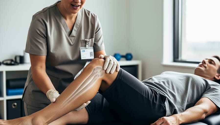 Clinician performing a hands-on movement assessment with a patient in a rehabilitation gym