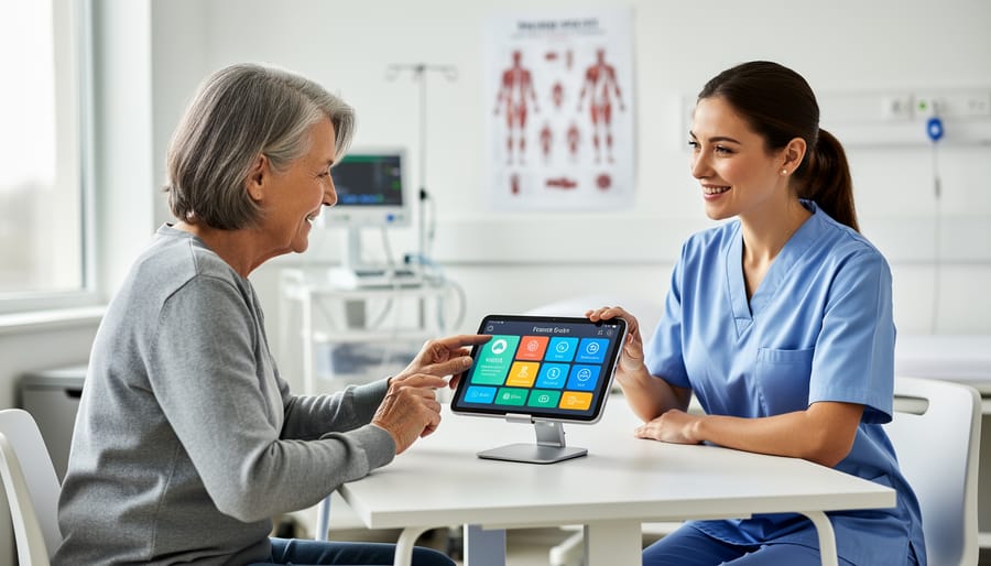 Person using a speech-generating communication tablet with clinician support in a rehabilitation workspace