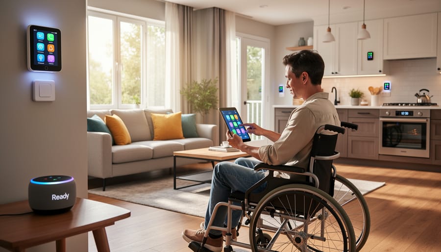 Person using smart accessibility controls at home using an easy-grip remote and tablet stand