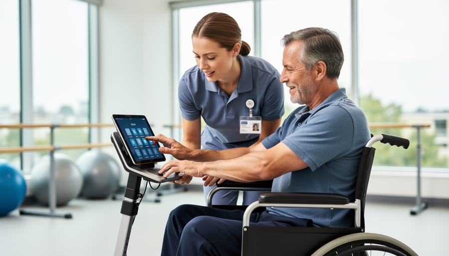 Therapist assisting a wheelchair user with a mobility-support device in a rehabilitation clinic