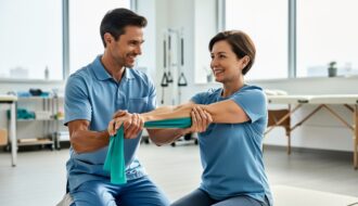 A physiatrist in a rehabilitation clinic assisting a patient with a gentle mobility exercise on a therapy mat.