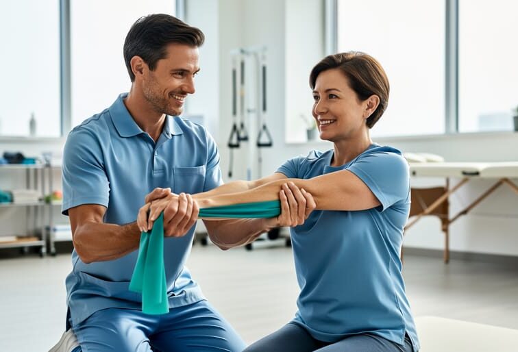 A physiatrist in a rehabilitation clinic assisting a patient with a gentle mobility exercise on a therapy mat.