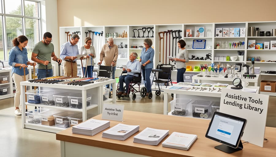 Rolling cart with organized assistive devices prepared for borrowing
