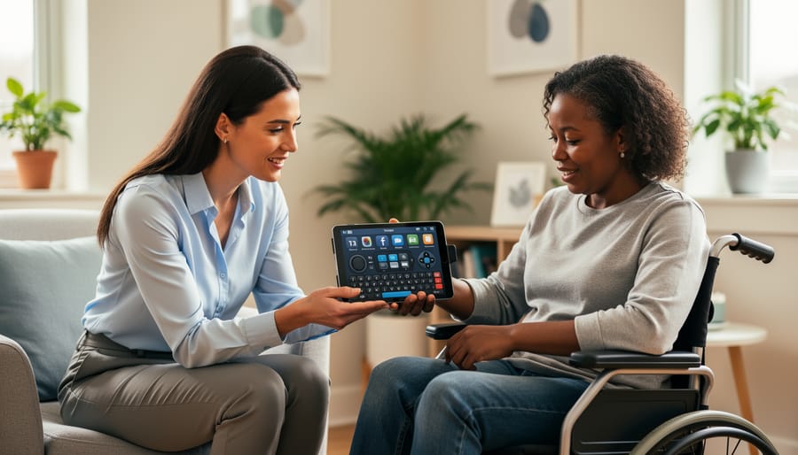 Assistive technology specialist demonstrating an accessible tablet to a person using a wheelchair in a therapy room