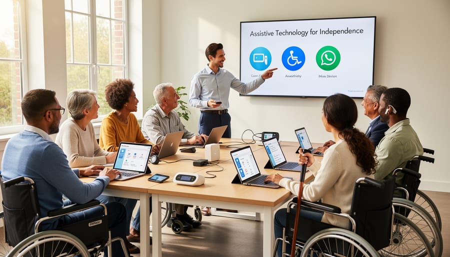 Instructor and attendees in a training session with assistive technology equipment in an accessible classroom