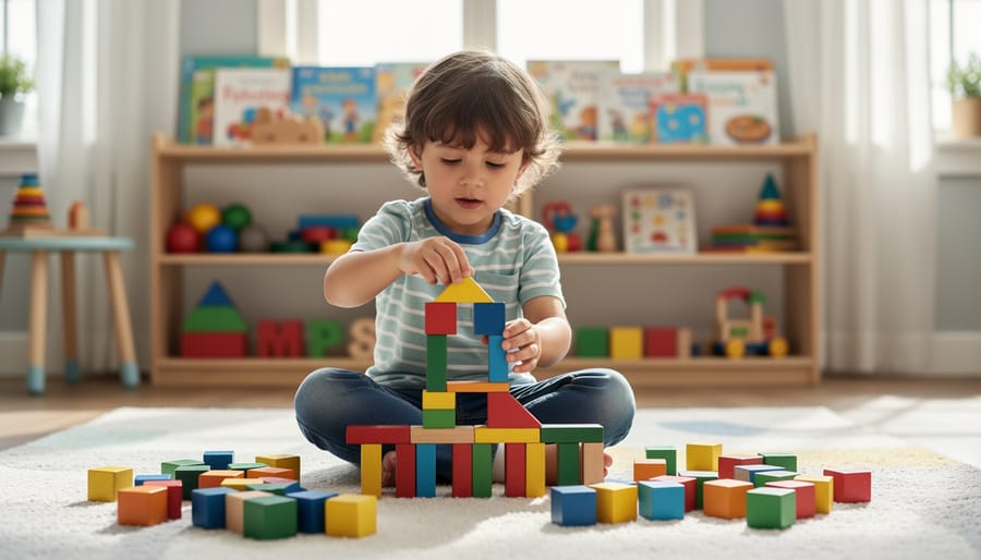 Child building a tower with colorful blocks during pediatric therapy