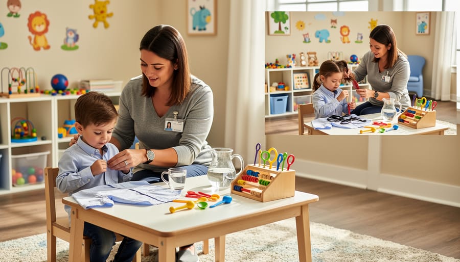 Child practicing dressing with a therapist near a table during occupational therapy