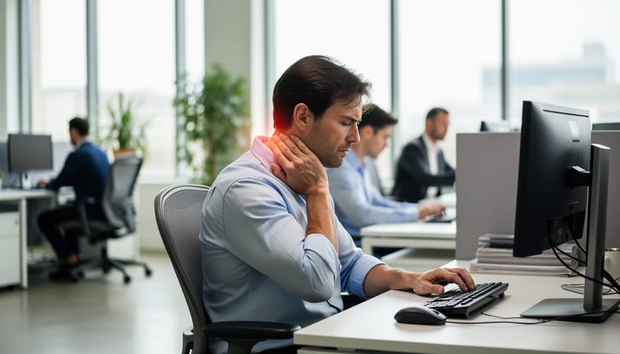 Person sitting at a desk with forward head posture and a hand resting on the lower neck, suggesting neck discomfort from computer work