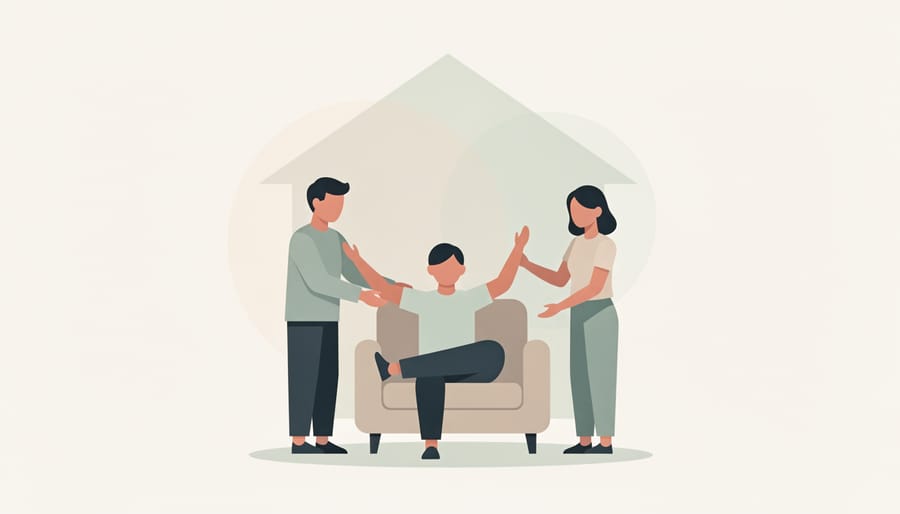 A patient exercising with a therapy ball at home while a physiotherapist and family caregiver support the session