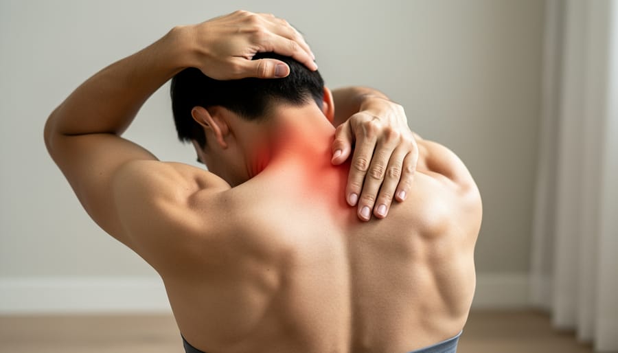Close-up mirror-style view of shoulder and neck area as a person performs a gentle self-stretch for lower neck discomfort
