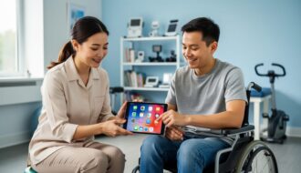 Assistive technology specialist demonstrating an accessible tablet to a person using a wheelchair in a therapy room.