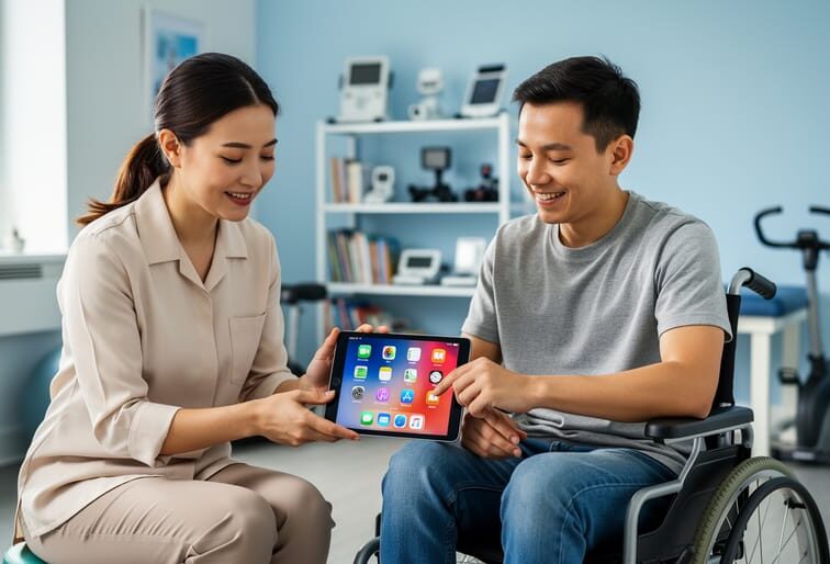 Assistive technology specialist demonstrating an accessible tablet to a person using a wheelchair in a therapy room.