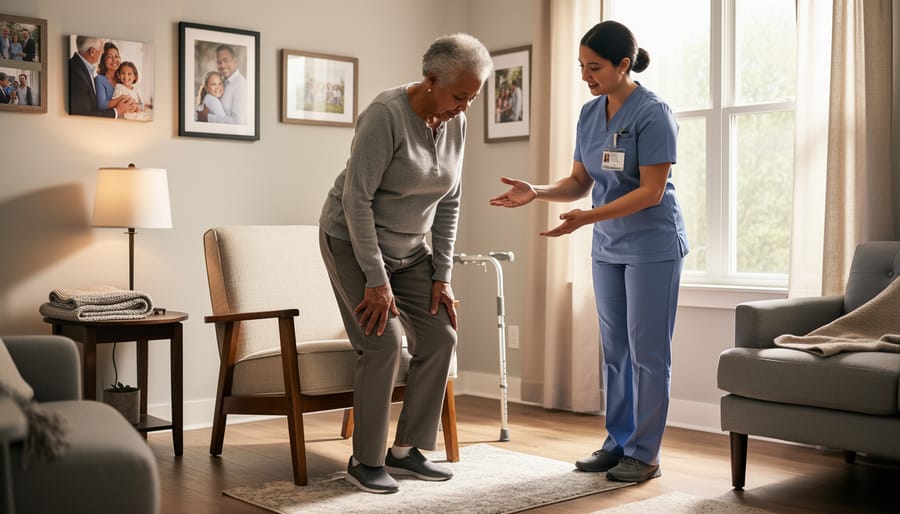 A physiotherapist assessing a patient’s walking pattern with gentle support during an in-home visit