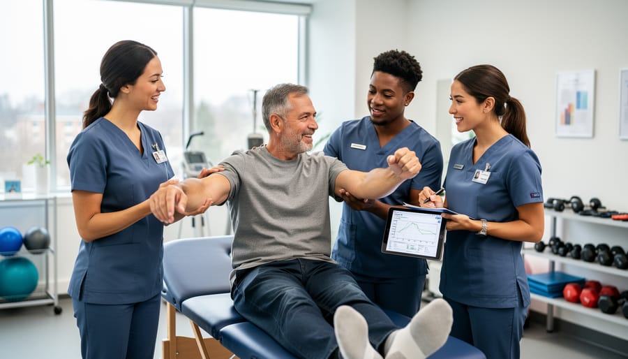 Rehabilitation team members in a clinical room collaborating with a patient during therapy