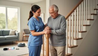 A physiotherapist assists an older adult with a mobility exercise in a bright living room, showing safe personalized in-home care.