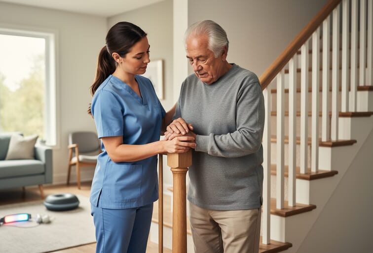A physiotherapist assists an older adult with a mobility exercise in a bright living room, showing safe personalized in-home care.