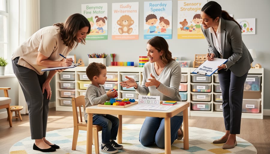 Occupational therapist demonstrating a strategy to a caregiver or teacher in a classroom while a student uses adaptive supports.
