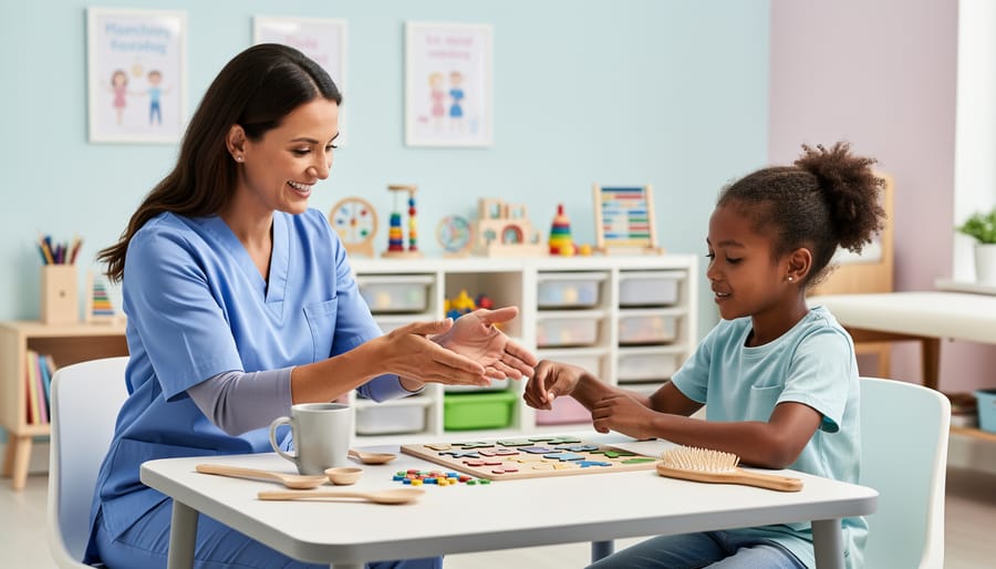Occupational therapist guiding a client’s hands while practicing a daily living task with therapy activity materials.