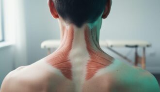 Close-up of the back of a person’s neck and upper shoulders, suggesting discomfort at the base of the skull near the top of the spine.