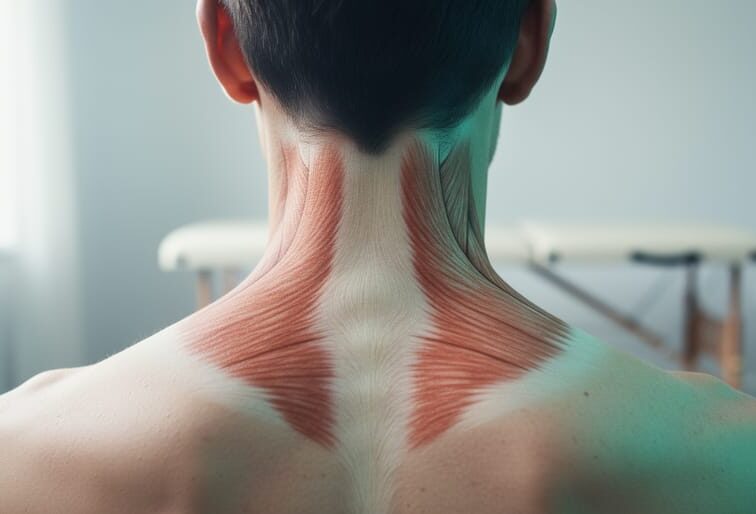 Close-up of the back of a person’s neck and upper shoulders, suggesting discomfort at the base of the skull near the top of the spine.