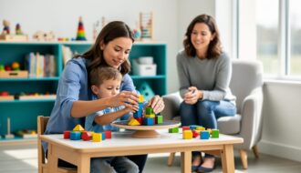 Occupational therapist helping a child with fine-motor play while a parent watches in a pediatric therapy clinic.